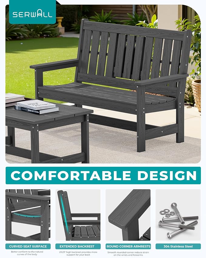 SERWALL Outdoor Bench with Cup Holder, Oversized 58" HDPE Porch Bench Suitable - Image 5