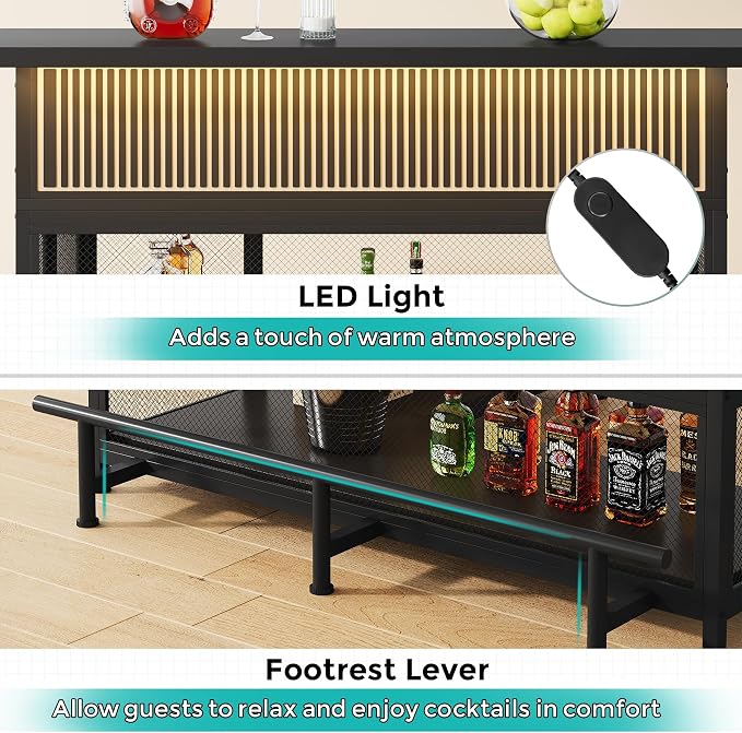 L-Shaped Home Bar Unit with Wine Glasses Holder and LED Light, Modern Bar Table - Image 8