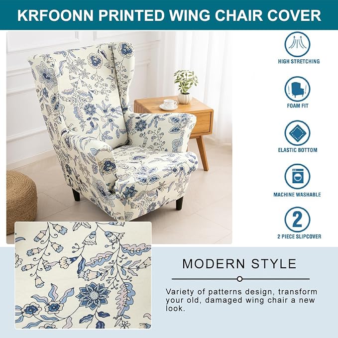 KRFOONN Velvet Wing Chair Slipcovers 2 Piece Stretch Printed Wingback Chair - Image 5