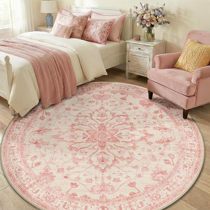 RELEANY Area Rugs Round 6ft Washable Non-Slip, Floral Vintage Distress Print - Image 3