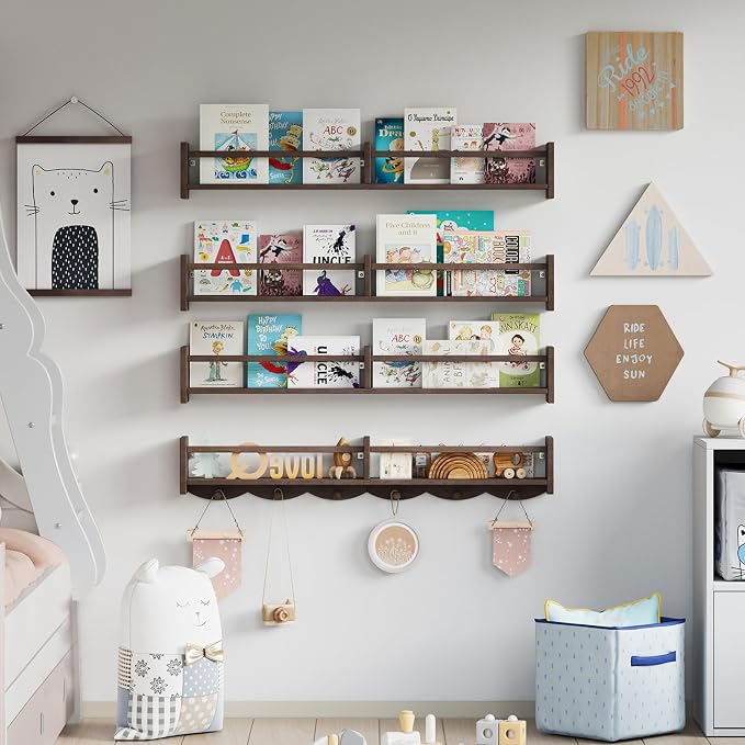 34Inch Nursery Bookshelves, Wall Floating Shelf Kids Coat Rack - Image 4
