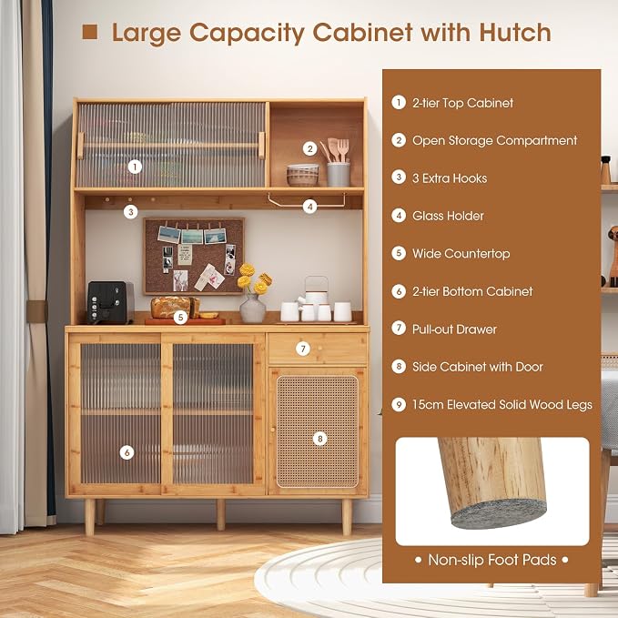 Giantex Pantry Cabinet, Microwave Countertop, Glass Holder, Freestanding Buffet - Image 5