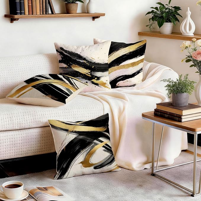 OBSEDE Abstract Black Gold Ink Brush Strokes Throw Pillow Covers 18 × 18 in - Image 9