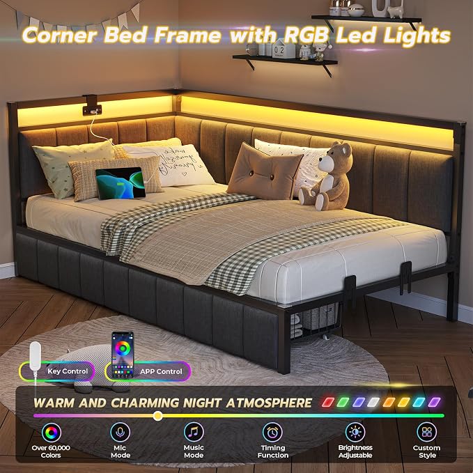DICTAC Corner Bed Frame with 2 Storage Drawers and Charging Station Twin XL - Image 3