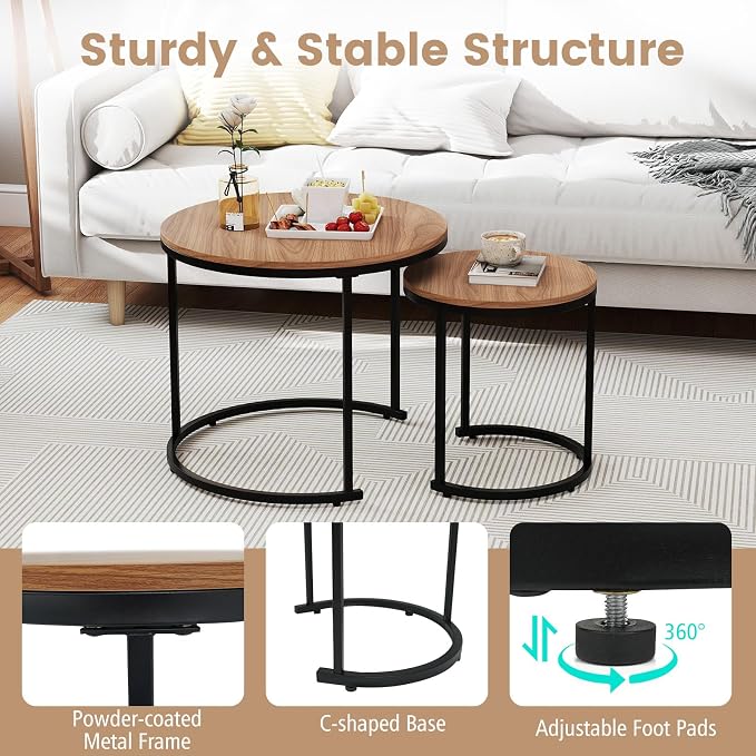 Giantex Nesting Coffee Table Set of 2, Round Stacking Side Tables w/Wooden - Image 8