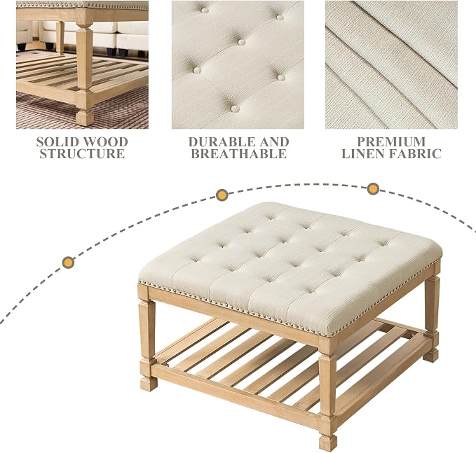 Befurtori Large Square Ottoman Coffee Table, Linen Solid Upholstered Footrest - Image 6
