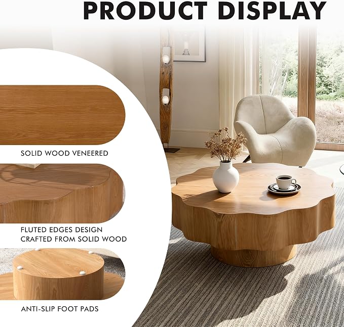 31.5'' Farmhouse Coffee Table Petal-Like, Wood Coffee Center Table Mid Century - Image 3