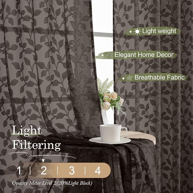 Chyhomenyc Chocolate Sheer Curtains 96 Inch Length 2 Panels Set, Light - Image 2