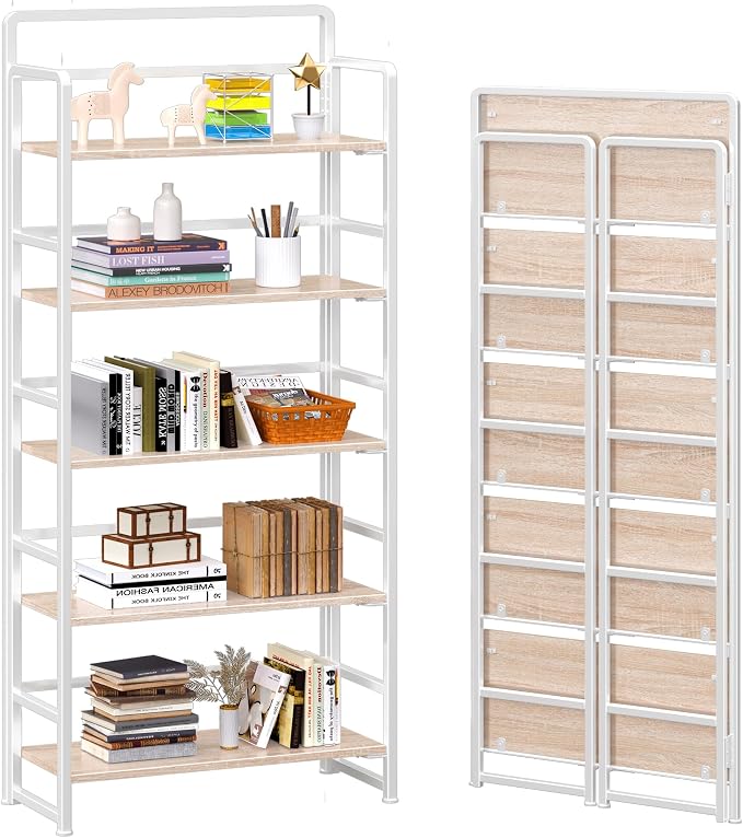 4NM No Assembly 5 Tiers Folding Bookshelf Storage Shelves Vintage Bookcase by 4NM
