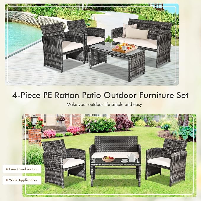 Goplus 4-Piece Rattan Patio Furniture Set, Outdoor Wicker Conversation Sofa - Image 5