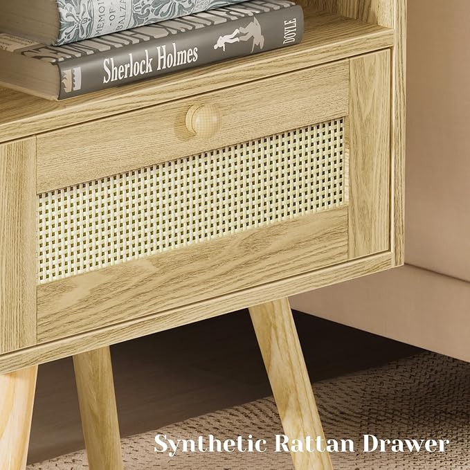 SUPERJARE Nightstand with Charging Station & Rattan-Like Decor Drawer, Rattan - Image 7