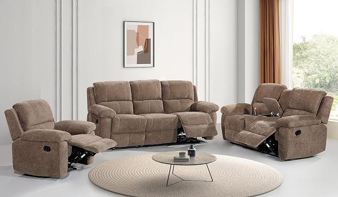 Betsy Furniture Modern Fabric Recliner Sofa Set, Loveseat w/Console, Recliner by BetsyFurniture