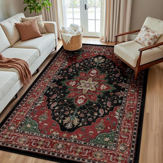 RELEANY Area Rugs 5'x8' Washable Non-Slip, Floral Vintage Distress Print by RELEANY
