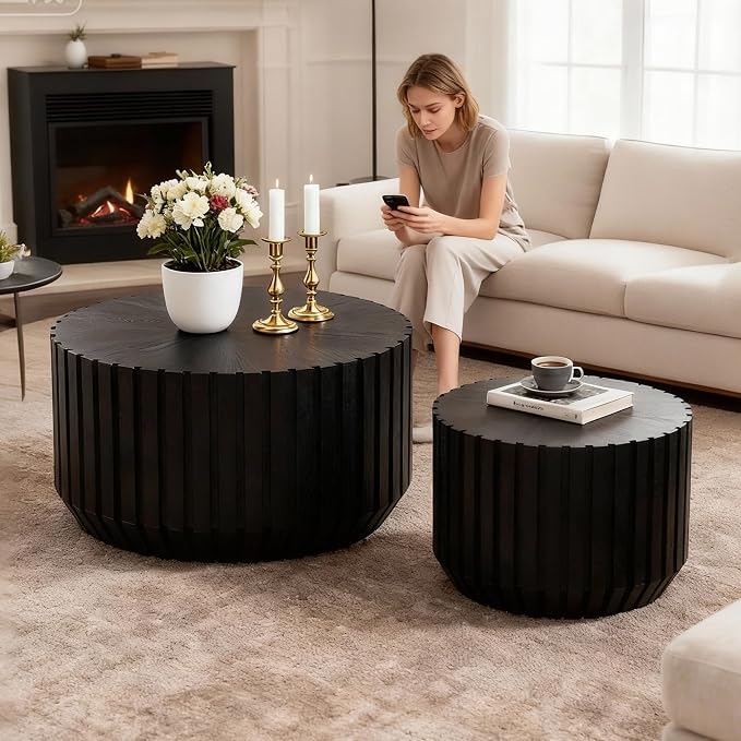 Black Round Nesting Tables for Living Room, Nesting Coffee Table Wooden Fluted by Vulacko