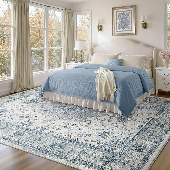 Area Rugs 7'x10' Washable Non-Slip, Floral Vintage Distress Print Pattern - Image 2