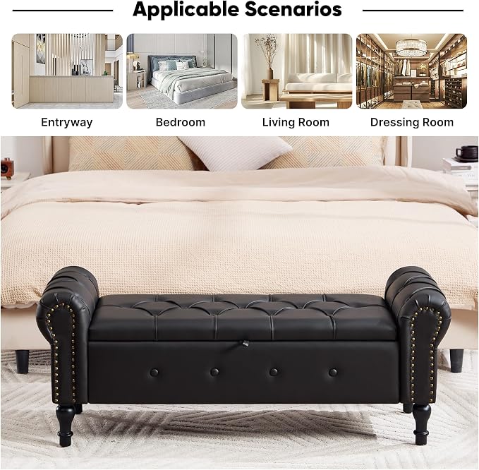 Storage Bench for Bedroom, Faux Leather 51" End of Bed Bench, Queen Size Bench - Image 5