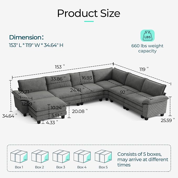 LINSY HOME Modular Sectional Sofa, 6-Seat Corduroy Modern Cloud Couch - Image 2