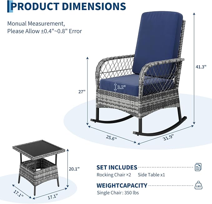 3 pcs Outdoor Rocking Bistro Set, Wicker Rocking Bistro Set - Image 2