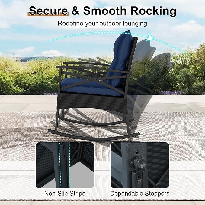 Tangkula 3 Pieces Outdoor Rocking Chairs Set, Rattan Heavy Duty Cushioned - Image 4