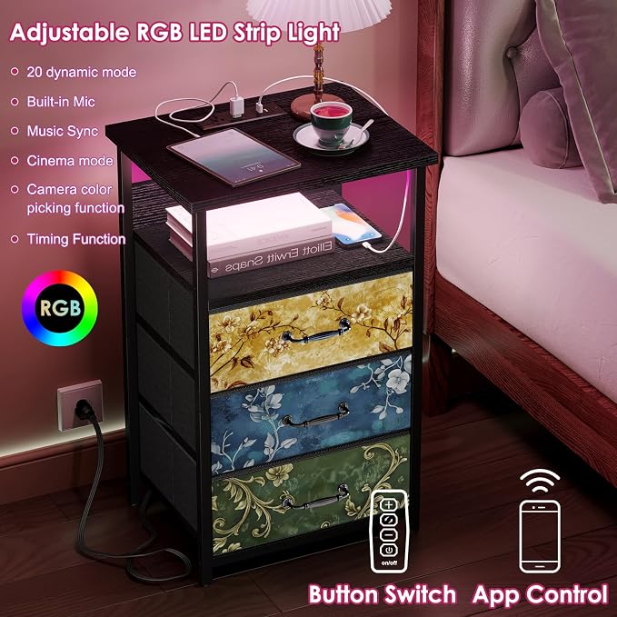 Fixwal Night Stand with Charging Station, LED Nightstand with U-S-B Ports and - Image 4