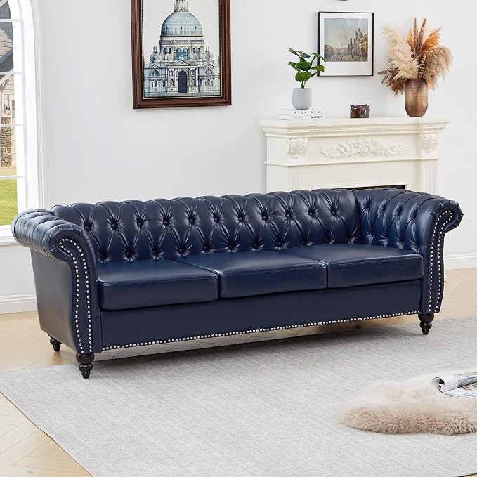 Mid-Century 3 Seater Sofa, Faux Leather Couch - Image 8