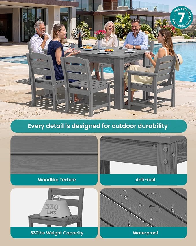 SERWALL HDPE Dining Set for 6: 1 Umbrella Hole Table, 4 Armless + 2 Armchairs. - Image 2