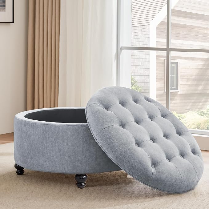 HUIMO 30-Inch Round Storage Ottoman, Modern Button Tufted Ottoman Coffee Table - Image 5