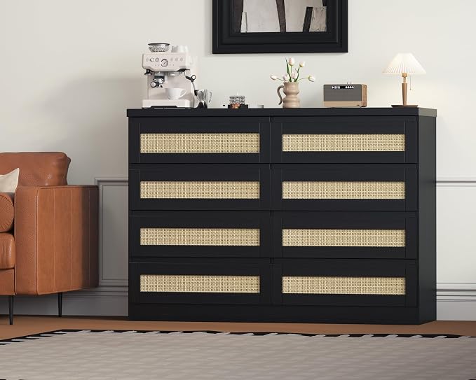 47 Inch Rattan 8 Drawer Dresser, Modern Farmhouse Chest of Drawers, Tv Stand - Image 3