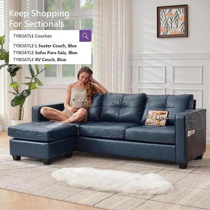 TYBOATLE 88" W Blue Faux Leather L Shaped Sectional Couches w/Side Pockets - Image 8