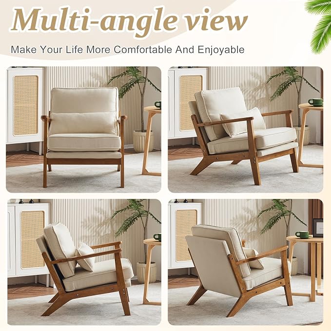 VINGLI Solid Wood Wide Armrests Accent Chair, Upholstered Mid Century Modern - Image 7