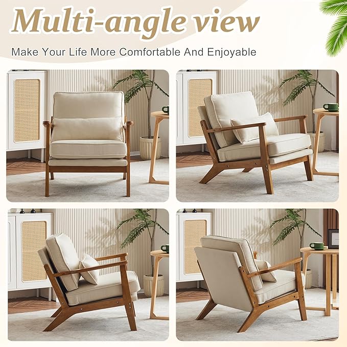 VINGLI Solid Wood Wide Armrests Accent Chair Set of 2, Upholstered Mid Century - Image 8