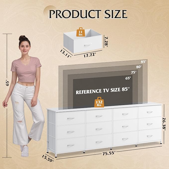 WLIVE 75.5'' White Dresser for Bedroom, TV Stand for 85, 65 Inch TV, 12 Drawer - Image 3