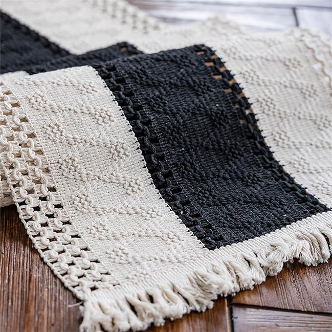 Macrame Table Runner Cream Beige and Black Boho Table Runners - Image 5