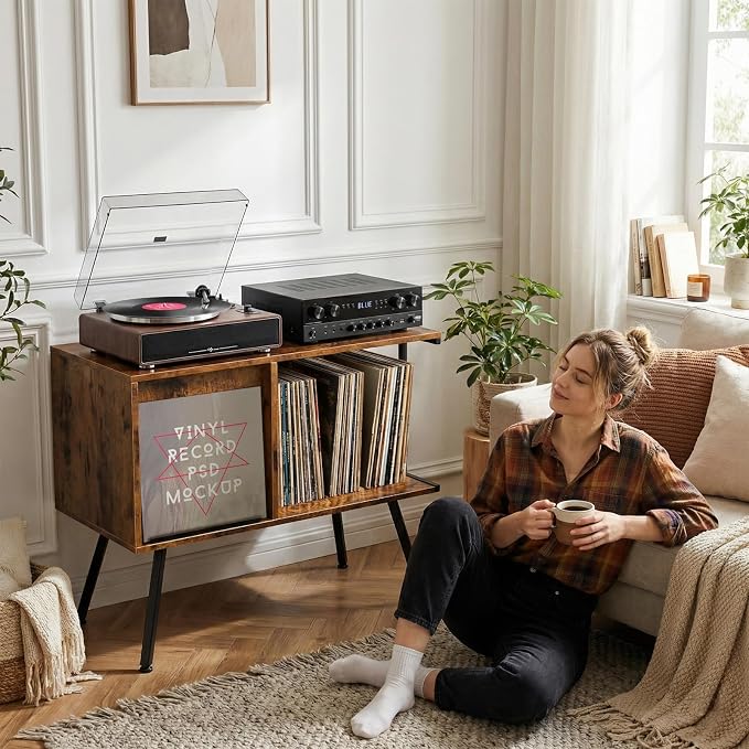 Faesun Flip Top Record Player Stand, Large Turntable Stand Holds up to 150+ - Image 2