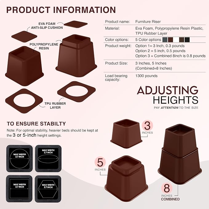 Utopia Bedding Bed Riser, 3 & 5 Inches Adjustable Furniture Risers - Image 5