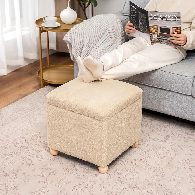 Adeco 17.3" Modern Oatmeal Teddy Velvet Storage Ottoman, Upholstered Cube Foot - Image 6