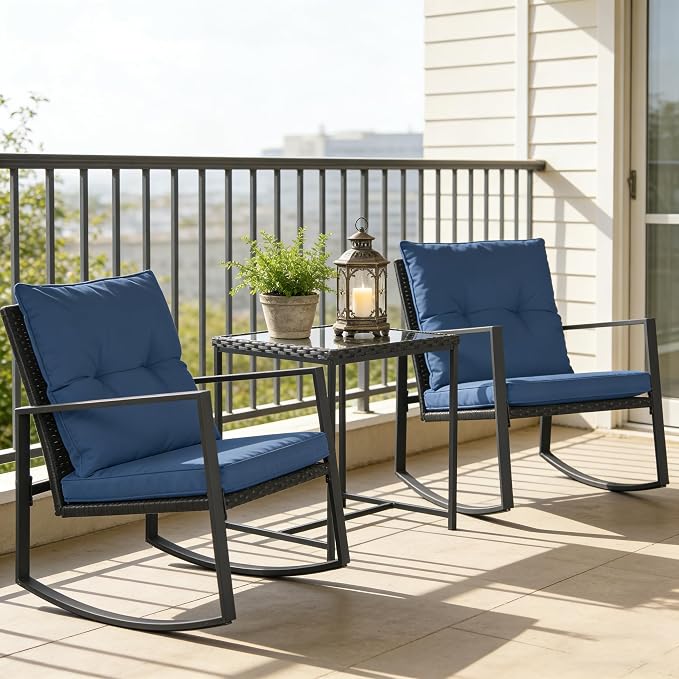 SUNCROWN 3 Piece Outdoor Rocking Bistro Set Brown Wicker Furniture Porch Chairs - Image 3