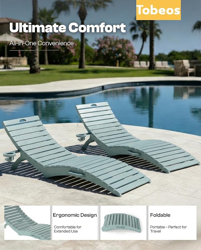 Folding HDPE Pool Lounge Chairs Set of 4, Pre-Assembled Outdoor Chaise Lounge - Image 4