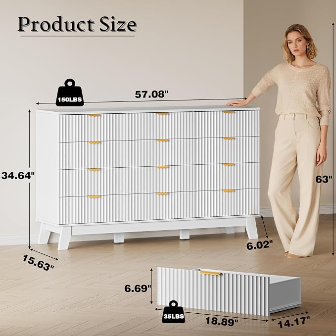 BORNOON 57" Wide Dresser for Bedroom, 12-Drawer Fluted Dresser - Image 2