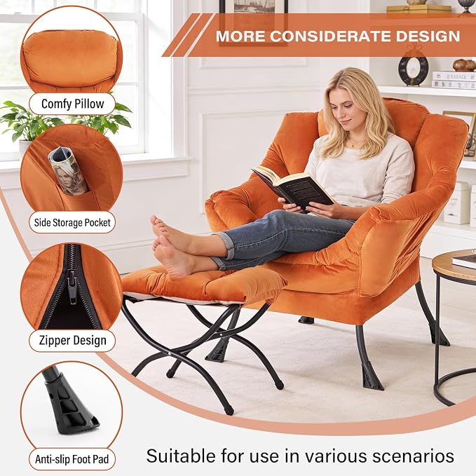 MBOOYOME Lazy Chair with Folding Ottoman, Modern Accent Armchair with Armrests - Image 4
