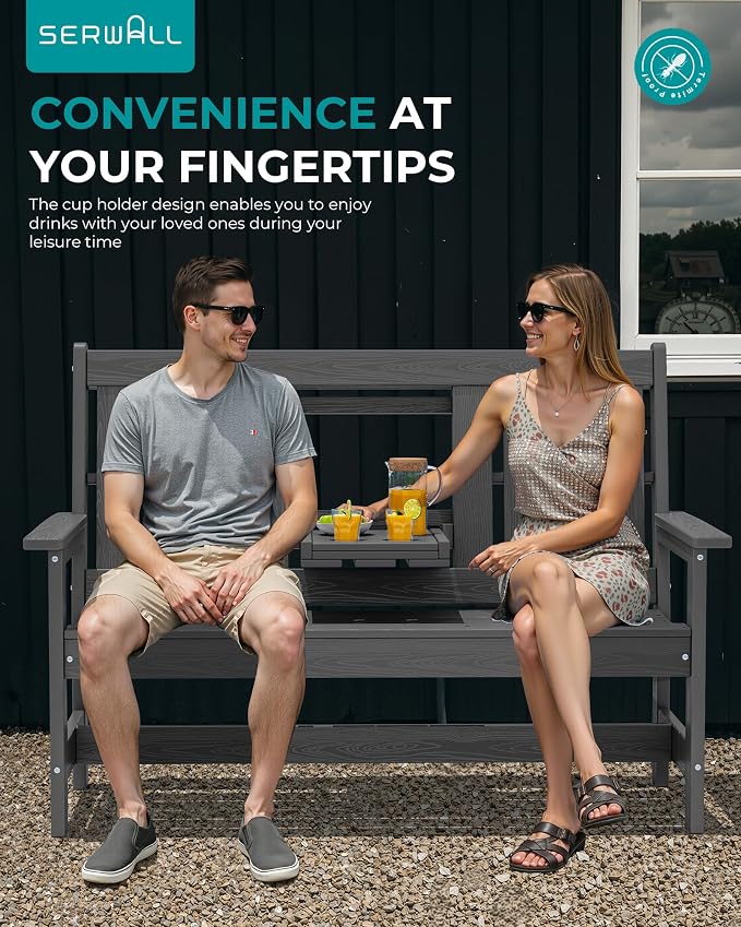 SERWALL Outdoor Bench with Cup Holder, Oversized 58" HDPE Porch Bench Suitable - Image 3