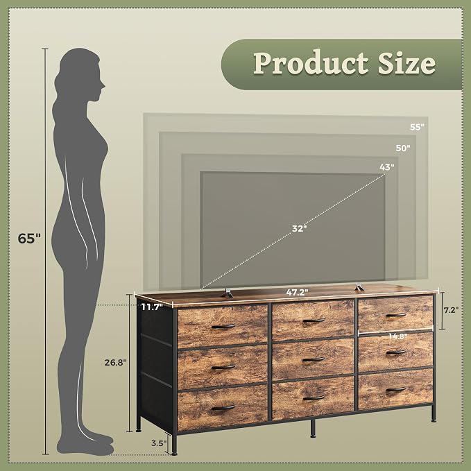 Huuger 9 Drawer Dresser, 47 Inch Dresser TV Stand - Image 3