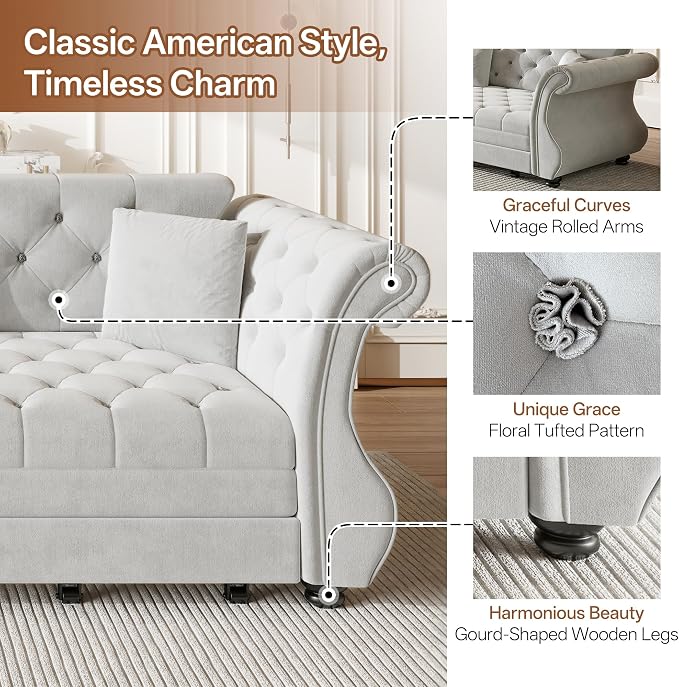 97.6" Oversized Pull Out Sofa Bed, Chesterfield Velvet Sleeper Sofa Couch - Image 4