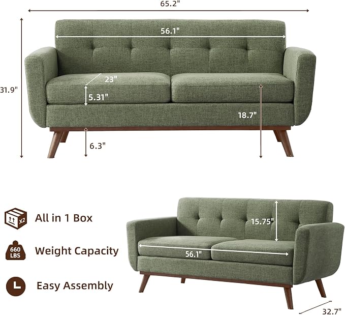 Kingfun 65.2" W Loveseat Sofa, Mid Century Modern Decor Love Seat Couches - Image 2