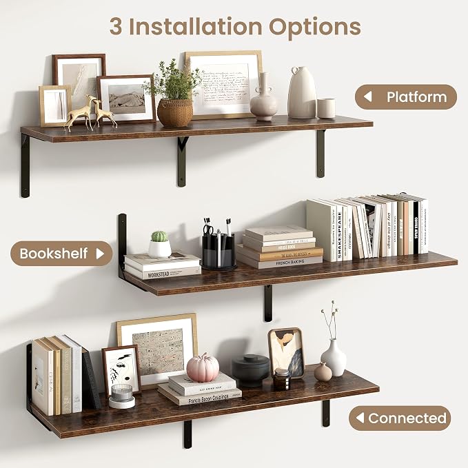 Fun Memories Rustic Brown 12 Inch Deep Floating Shelves Set of 2, Wall Mounted - Image 6