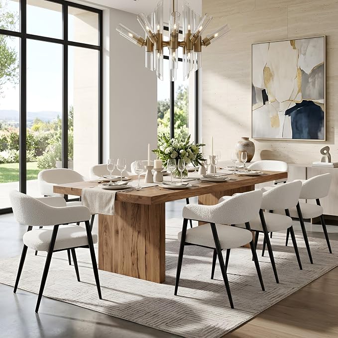 HNY Modern Dining Room Arm Chairs Set of 6, Faux Sherpa Boucle Upholstered - Image 8