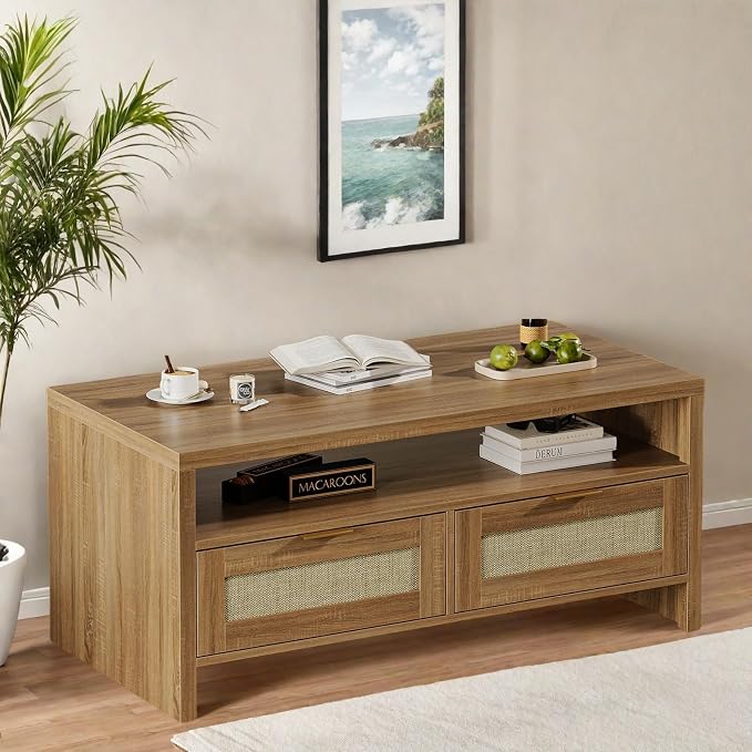 Garvee Boho Coffee Table with Storage, 2 Tiers Wooden Center Coffee Table - Image 3