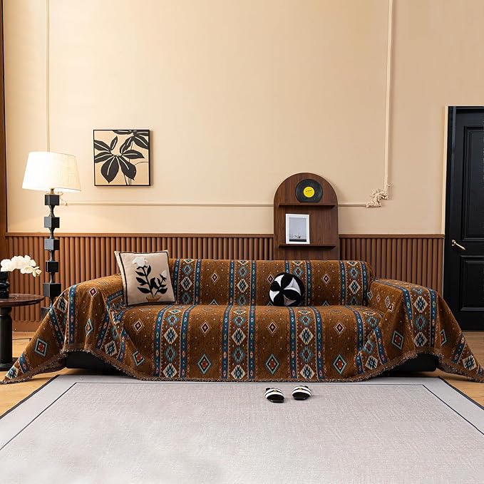 VClife Bohemian Couch Cover, Vintage Moroccan Tribal Geometric Chenille Couch - Image 2
