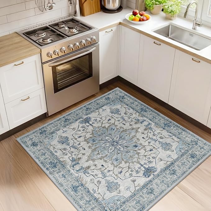 RELEANY Area Rugs Square 4ft Washable Non-Slip, Floral Vintage Distress Print by RELEANY