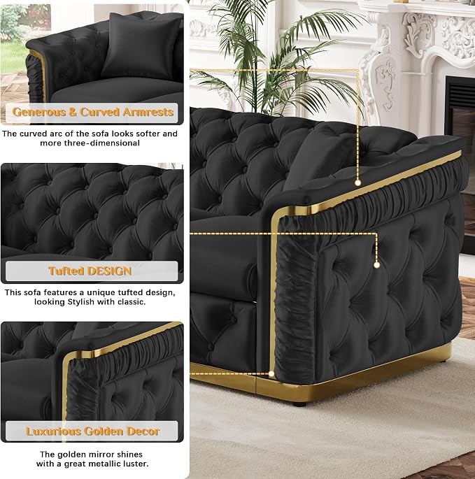 62.2" Luxury Velvet Chesterfield Sofa Tufted Victorian Black and Gold Couch - Image 4